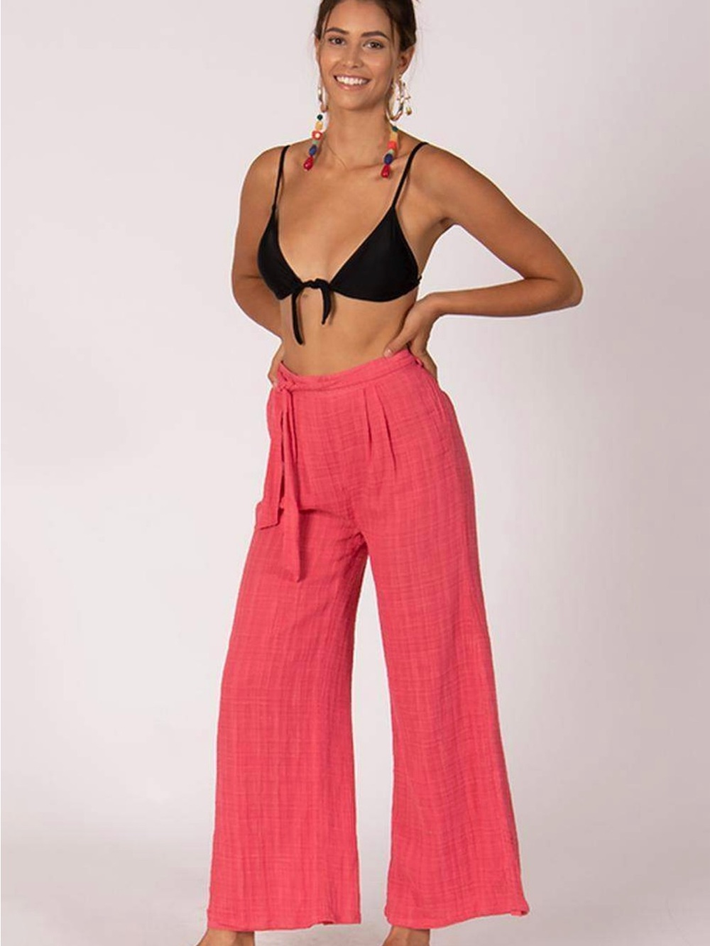 Wide-Leg Tie-Waist Pants in Hot Pink